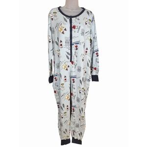 L.L.‎ Bean Women's Waffle Pajamas One Piece Blue Dog Sled Print Long Sleeve LG